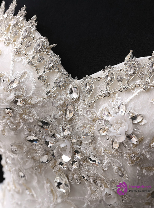 White Ball Gown Tulle Sweetheart Train With Crystal Wedding Dress