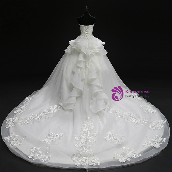 White Ball Gown Sweetheart Neck Tulle Appliques Train Wedding Dress