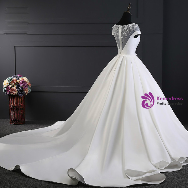 White Ball Gown Satin Cap Sleeve With Beading Wedding Dress