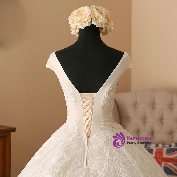 Light Champagne Ball Gown V-neck Backless Lace Wedding Dress