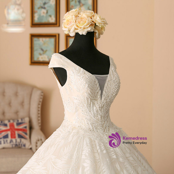 Light Champagne Ball Gown V-neck Backless Lace Wedding Dress