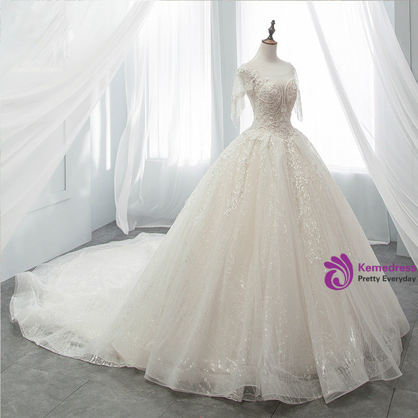 Ball Gown Sequins Tulle Sequins Backless With Beading Wedding Dress