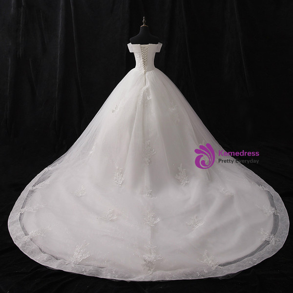 White Ball Gown Tulle Off The Shoulder Appliques Wedding Dress