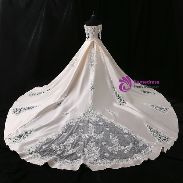 Champagne Ball Gown Satin Appliques Off The Shoulder Wedding Dress