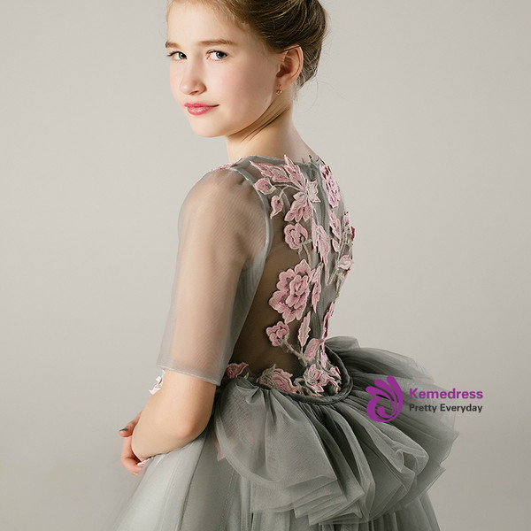 A-Line Gray Hi Lo Tulle Short Sleeve Appliques Flower Girl Dress