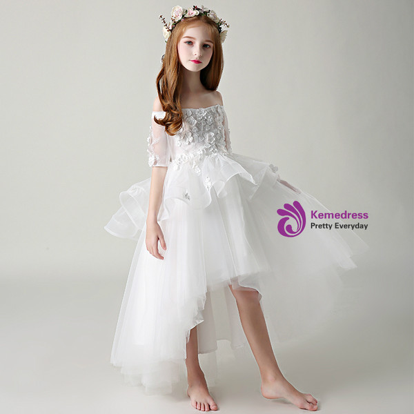 White Hi Lo Short Sleeve Appliques Off The Shoulder Girl Dress