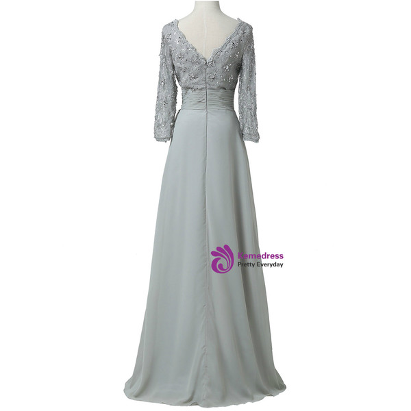 Chiffon Lace 3/4 Sleeve Double V Neck Grey Beading Mother of the Bride Dresses