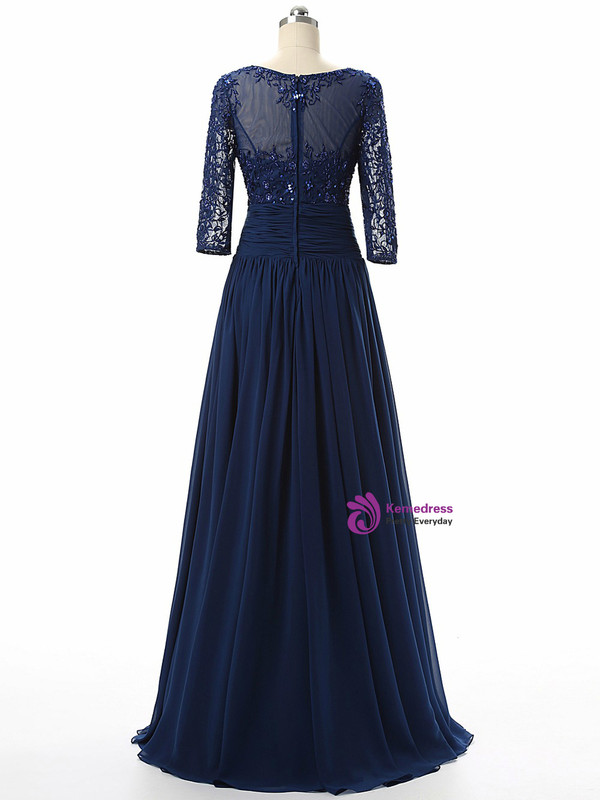 Blue Chiffon Scoop Neck Lace Short Sleeve Mother Of The Bride Dress