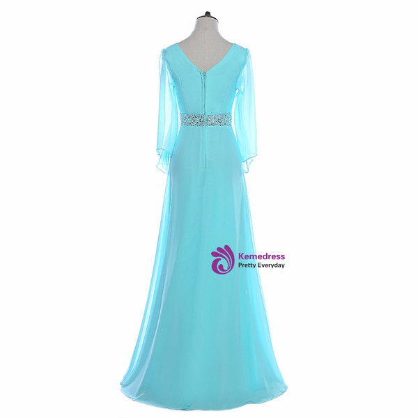 Sky Blue Beaded Long Sleeve Chiffon Mother of the Bride Dresses