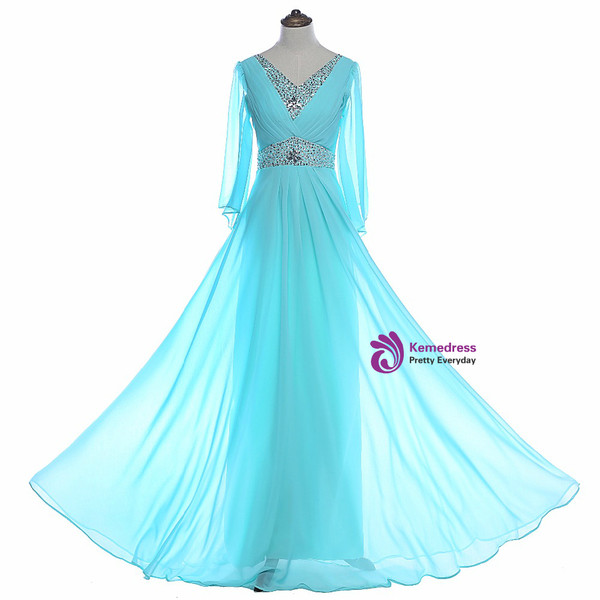 Sky Blue Beaded Long Sleeve Chiffon Mother of the Bride Dresses