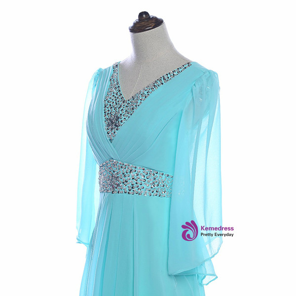 Sky Blue Beaded Long Sleeve Chiffon Mother of the Bride Dresses