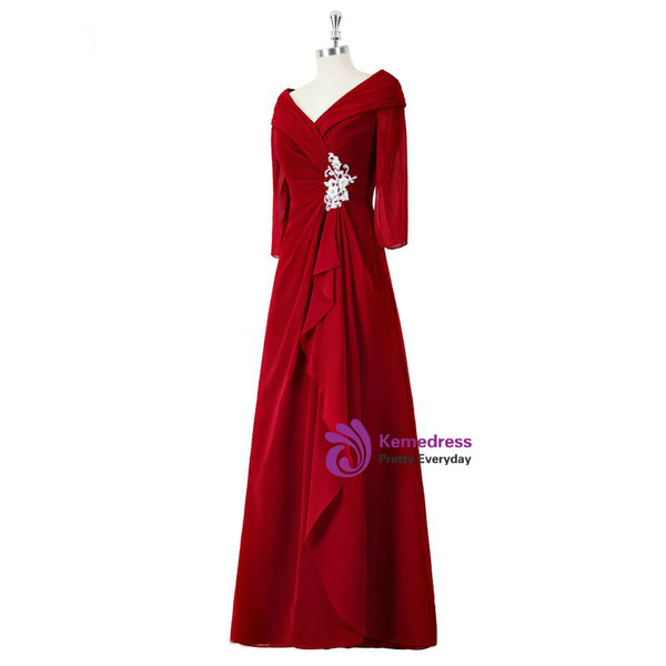 A Line Red Full Sleeve V-Neck Long Mother of the Bride Dresses