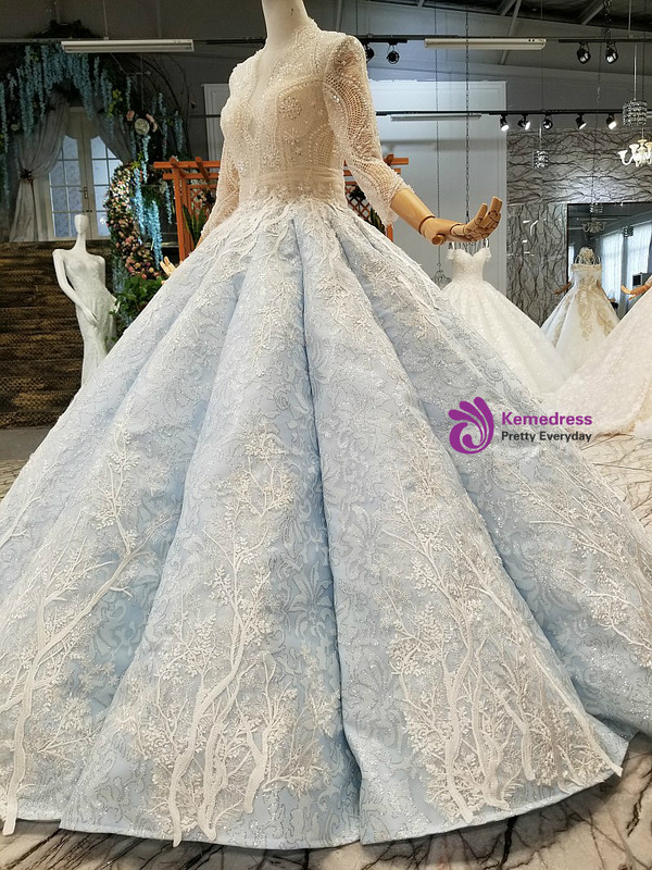Blue Ball Gown Short Sleeve Sequins Lace With Beading Wedding Dress