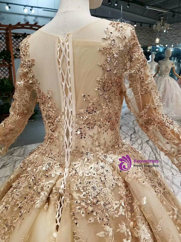 Ball Gown Long Sleeve Sequins Appliques Floor Length Wedding Dress