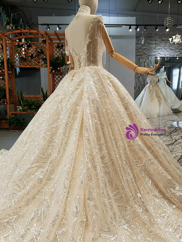 Champagne Ball Gown Sequins High Neck Long Train Wedding Dress