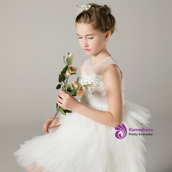 A-Line White Hi Lo Tulle Sleeveless With Crystal Flower Girl Dress
