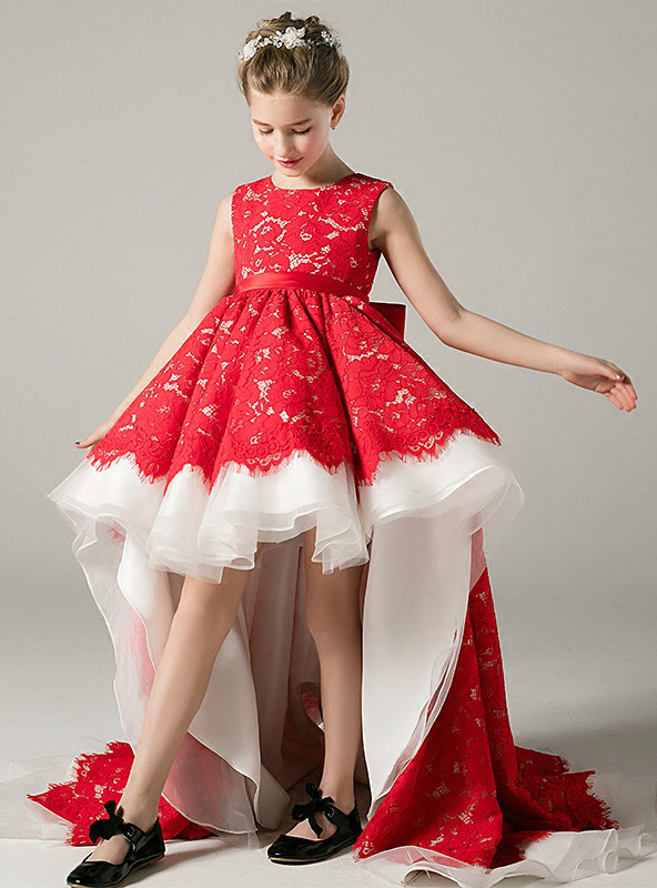 A-Line Hi Lo Red Lace Sleeveless With Bow Flower Girl Dress