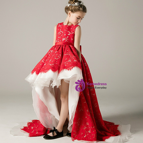 A-Line Hi Lo Red Lace Sleeveless With Bow Flower Girl Dress