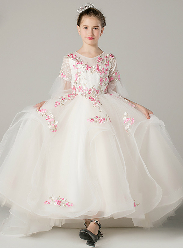 A-Line White Tulle Short Sleeve Appliques Long Flower Girl Dress