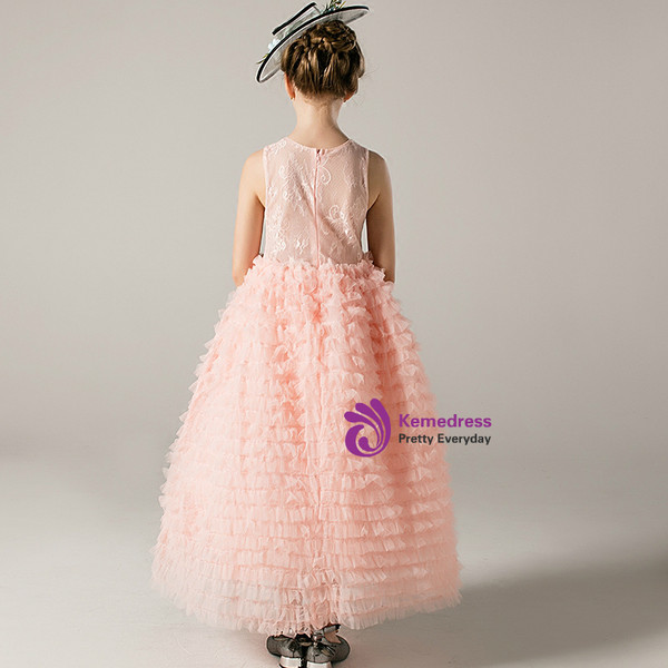 A-Line Pink Tulle Lace Appliques Sleeveless Long Flower Girl Dress