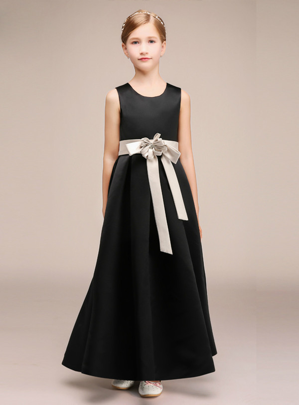 Simple A-Line Black Satin Sleeveless Long Flower Girl Dress