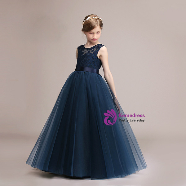 A-Line Blue Tulle Lace Sleeve Long Flower Girl Dress With Sash