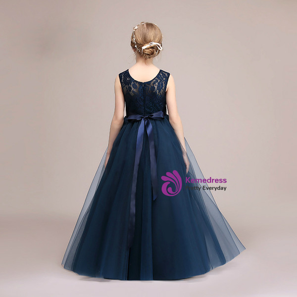 A-Line Blue Tulle Lace Sleeve Long Flower Girl Dress With Sash