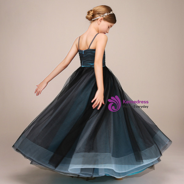Blue Black Tulle Spaghetti Straps Floor Length Flower Girl Dress