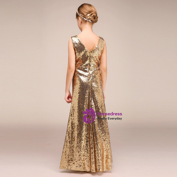A-Line Gold Sequins V-neck Floor Length Flower Girl Dress