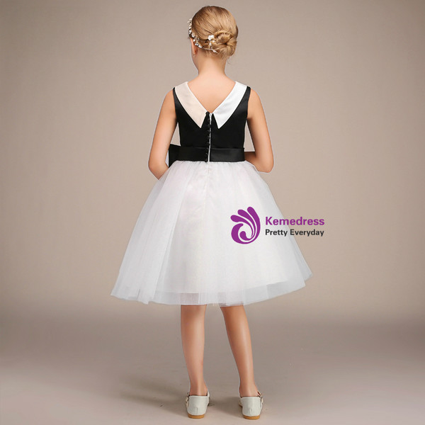 Simple Black Satin White Tulle Knee Length Flower Girl Dress