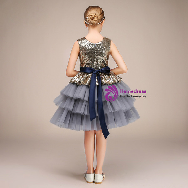 A-Line Gray Tulle Gold Sequins With Sash Knee Length Flower Girl Dress