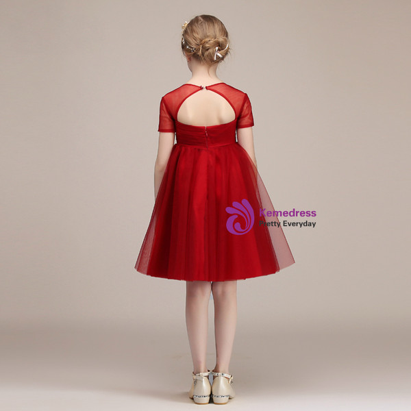 Red Tulle Short Sleeve Knee Length Backless Flower Girl Dress