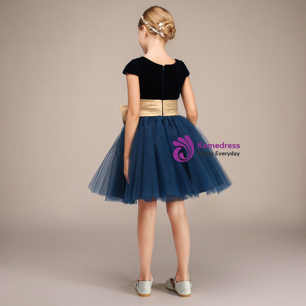 Blue Velvet Tulle Cap Sleeve With Bow Knee Length Flower Girl Dress
