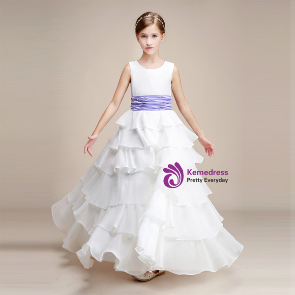 A-Line White Chiffon Ruffle With Flower Floor Length Girl Dress