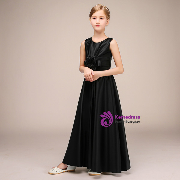 Simple A-Line Black Satin Sleeveless Flower Girl Dress With Flower
