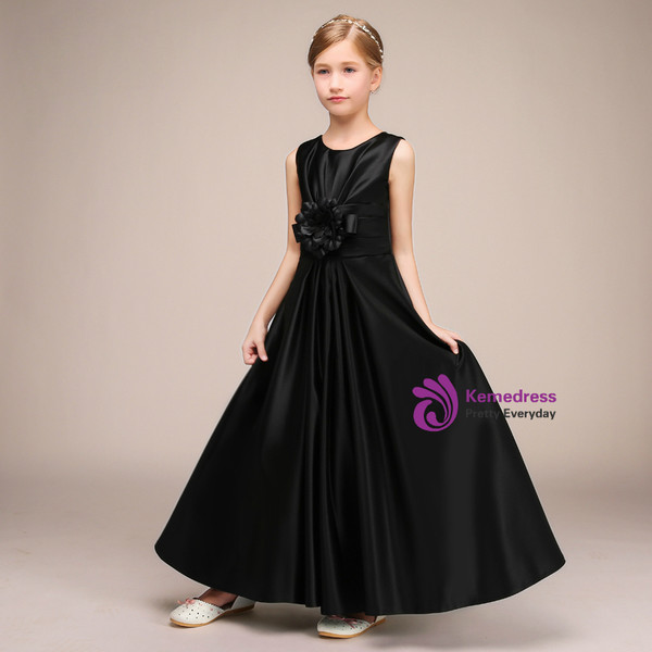Simple A-Line Black Satin Sleeveless Flower Girl Dress With Flower
