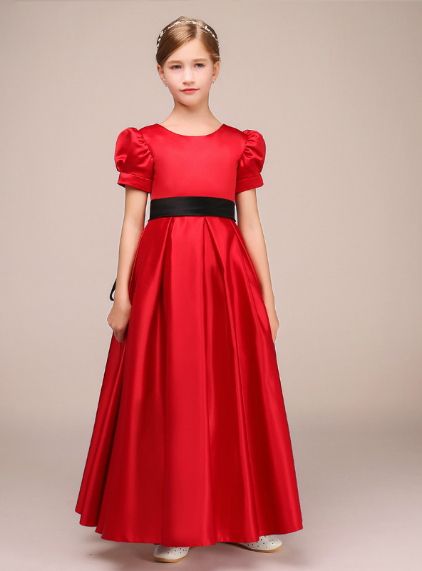 A-Line Red Satin Puff Sleeve Wit Sash Ankle Length Flower Girl Dress