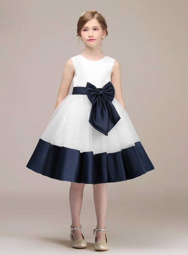 A-Line Blue Satin White Tulle Knee Length Flower Girl Dress With Bow