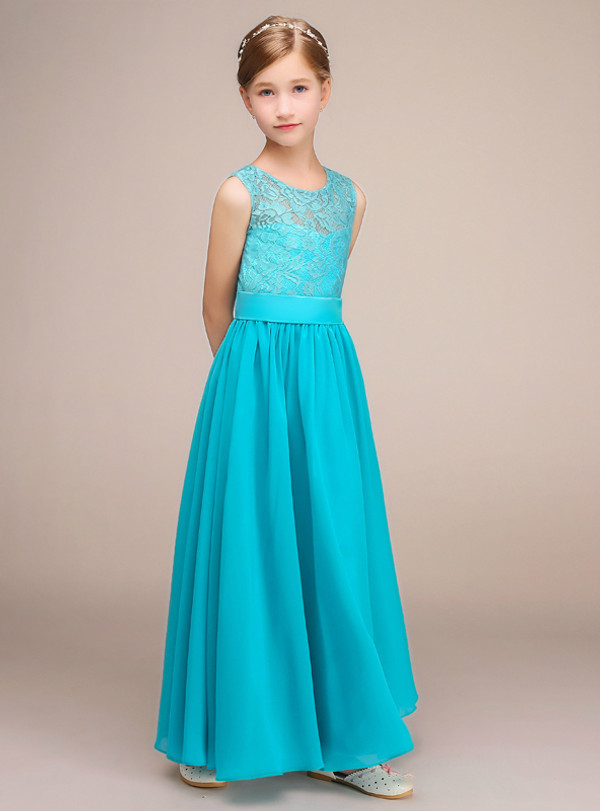 Simple Blue Lace Chiffon Sleeveless Ankle Length Flower Girl Dress