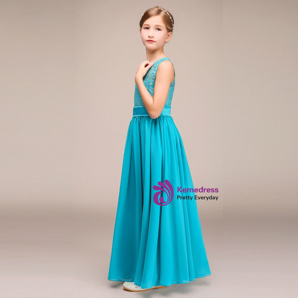 Simple Blue Lace Chiffon Sleeveless Ankle Length Flower Girl Dress
