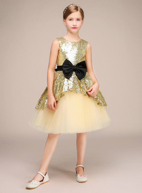 Gold Sequins Tulle Short Sleeveless Flower Girl Dress With Bow