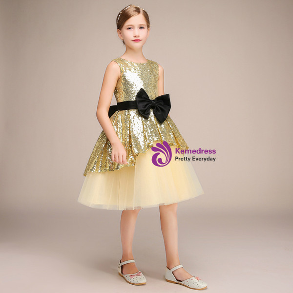 Gold Sequins Tulle Short Sleeveless Flower Girl Dress With Bow