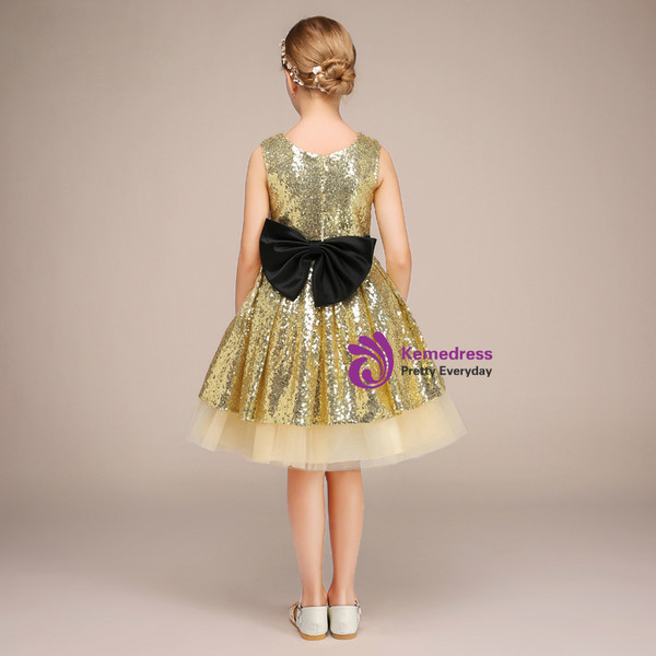 Gold Sequins Tulle Short Sleeveless Flower Girl Dress With Bow