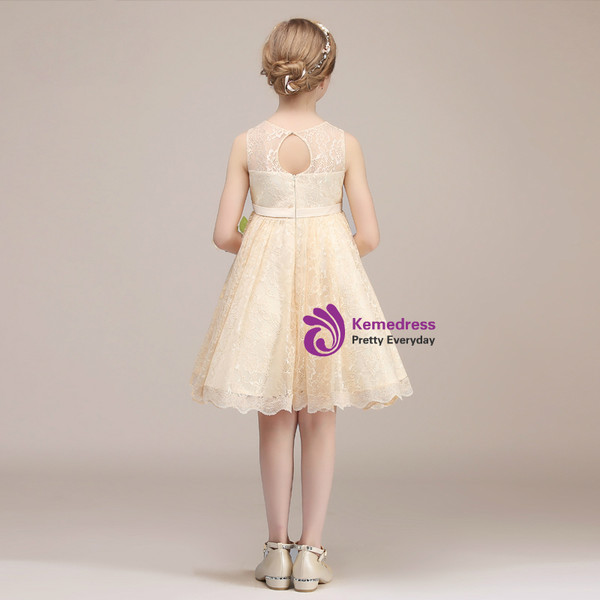 A-Line Champagne Lace Short Knee Length Flower Girl Dress
