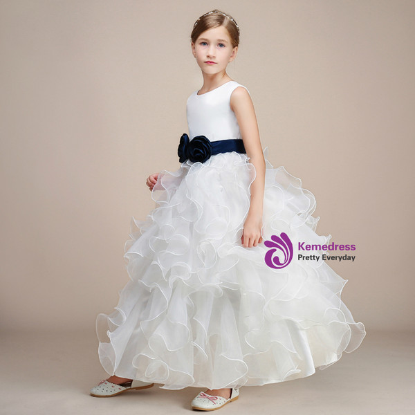 White Ball Gown Organza Ankle Length Flower Girl Dress With Sash