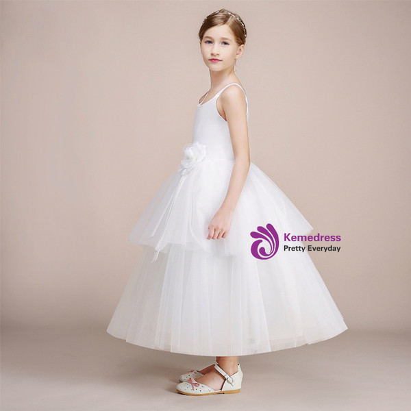 White Ball Gown Spaghetti Straps Tulle Tea Length Flower Girl Dress