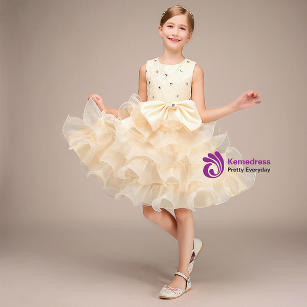 A-Line Champagne Organza Knee Length Flower Girl Dress With Bow