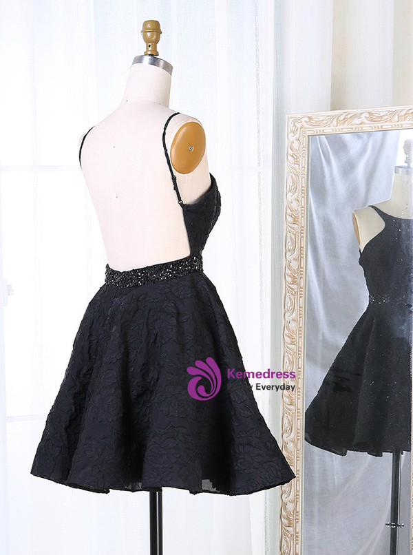 A-Line Bateau Backless Black Lace Homecoming Dress With Beading