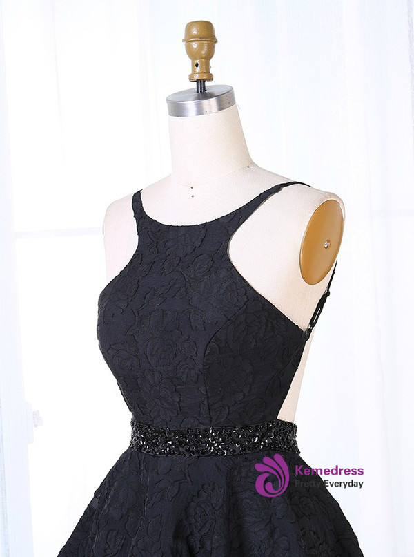 A-Line Bateau Backless Black Lace Homecoming Dress With Beading