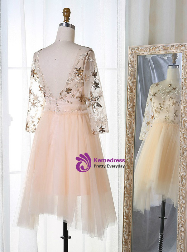 A-Line 3/4 Sleeves Light Champagne Tulle Sequins Homecoming Dress